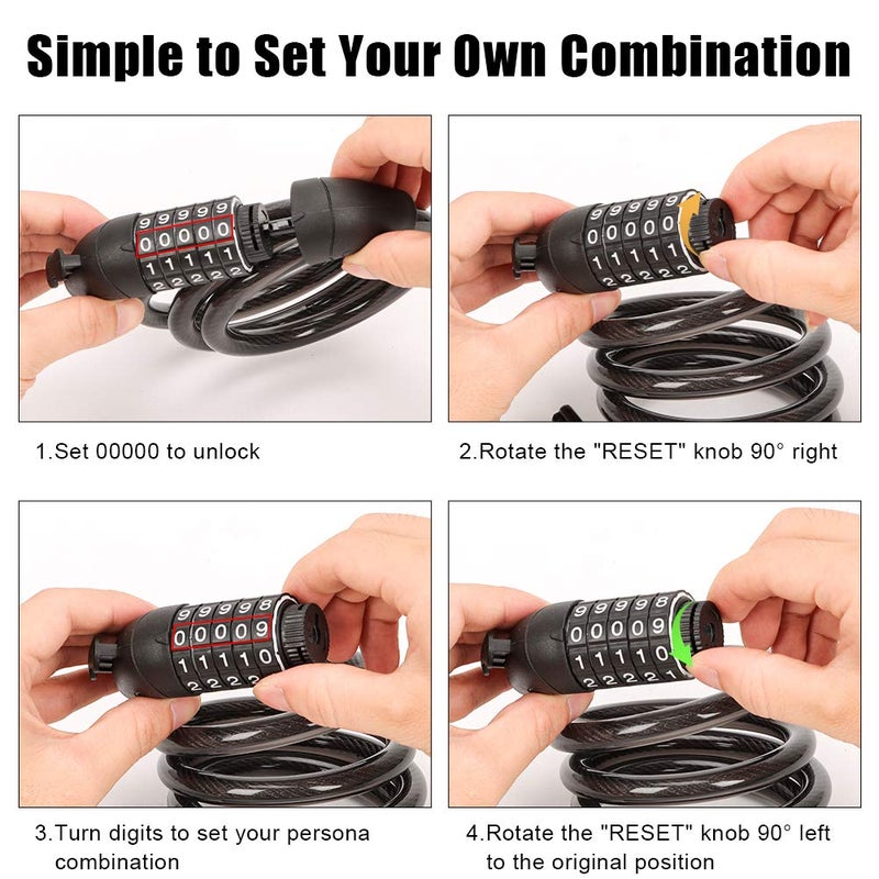 Emoly Bike Lock Cable, High Security 5 Digit Resettable Combination Coiling Bike Cable Lock,Bicycle Cable Lock for Bicycle,Mountain Bike, Scooter Outdoors, 4 Feet x 1.2M, Black - Image 4